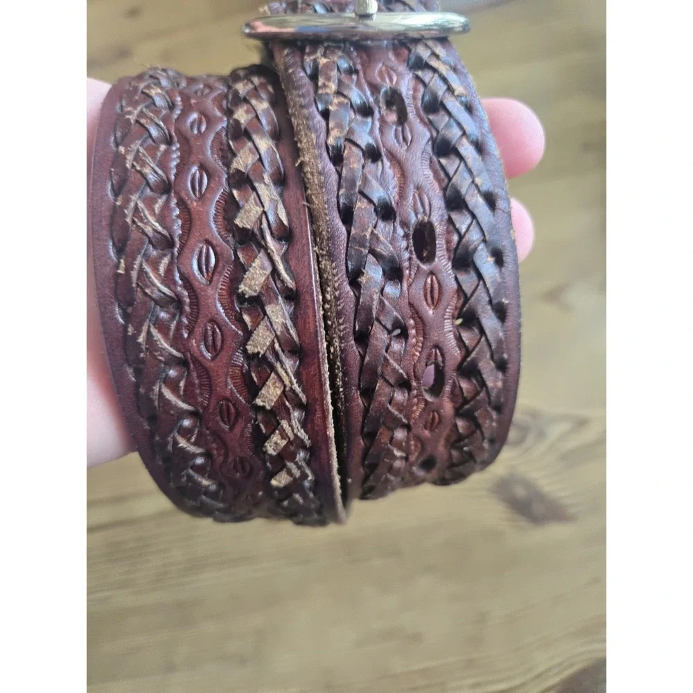 Leather Hand Tooled Woven Brown Belt Hecho en Mexico Mens 40